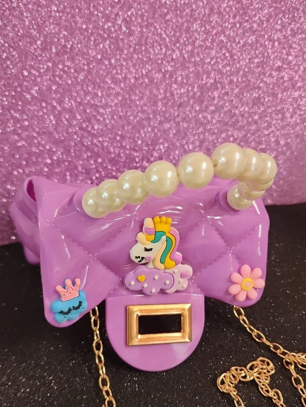 Kids Purple Unicorn Pearl-Handle Mini Bag with Gold Chain